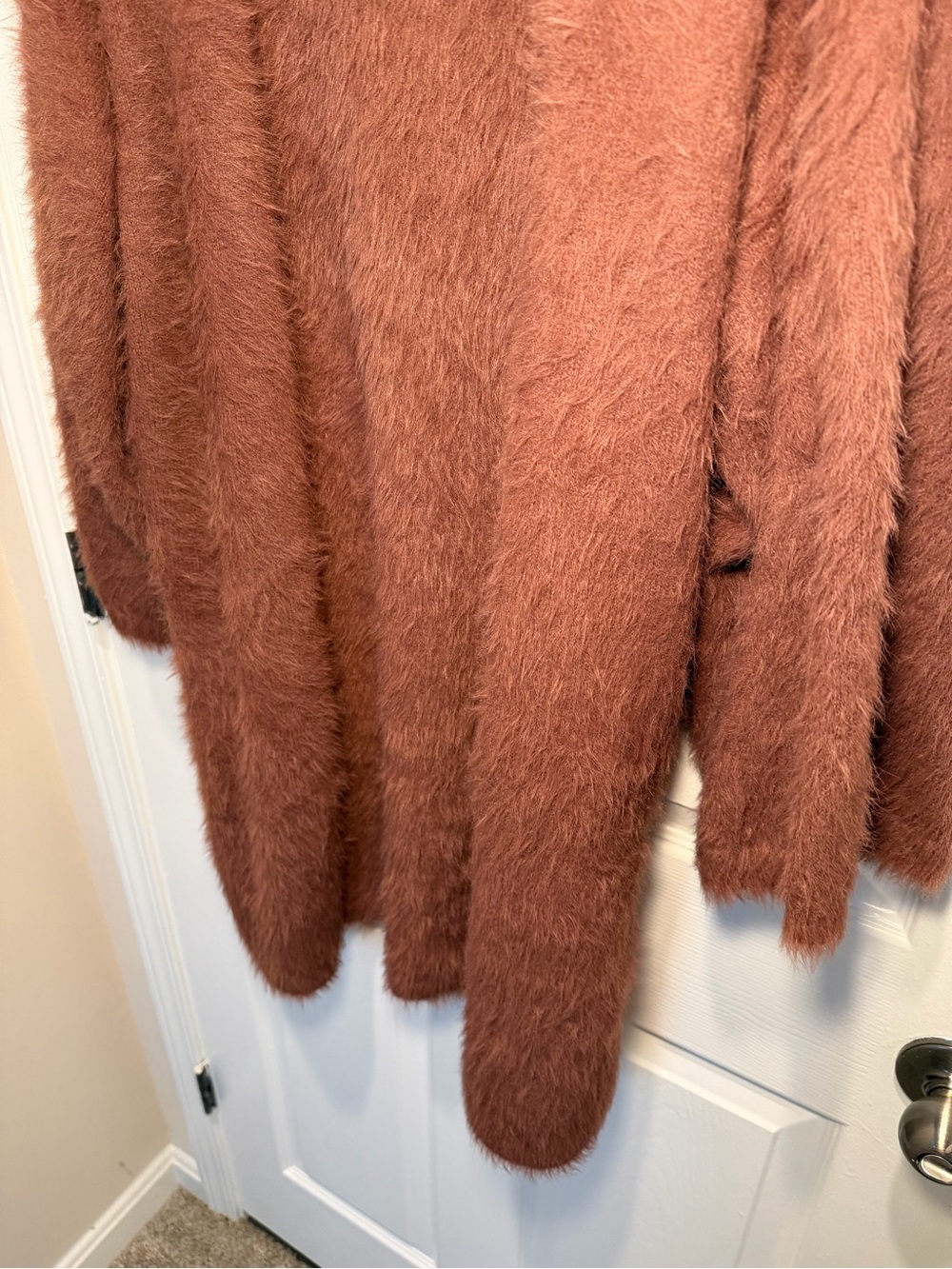 Prima Fuzzy Open-Front Cardigan Sweater in Rust - Picture 3 of 12